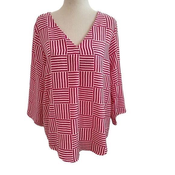 Michelle McDowell Geometric Print Long Sleeve V Neck Top Dark Pink and White S - Picture 1 of 7